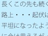 長くこの先も続く路上・・・起伏は平坦になったように今は思えるが・・